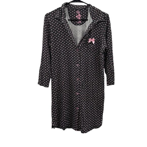 Betsey Johnson Black & Pink Heart Print 3/4 Sleeve Button Down Sleep Dress Sz M - Picture 1 of 8
